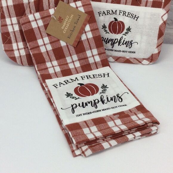 Fall "Farm Fresh" Pumpkins 3 Pc Kitchen Set Gingham Farmhouse - Picture 2 of 8